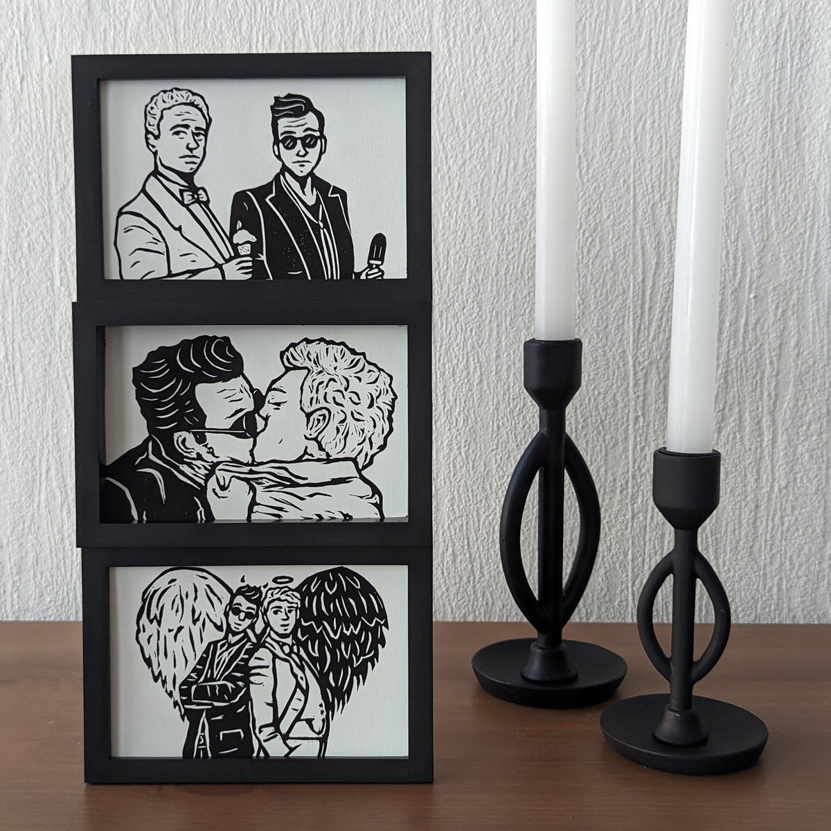 The 'Ineffable Set' - three linoprints about two tragic idiots. #GoodOmens #GoodOmensFanArt