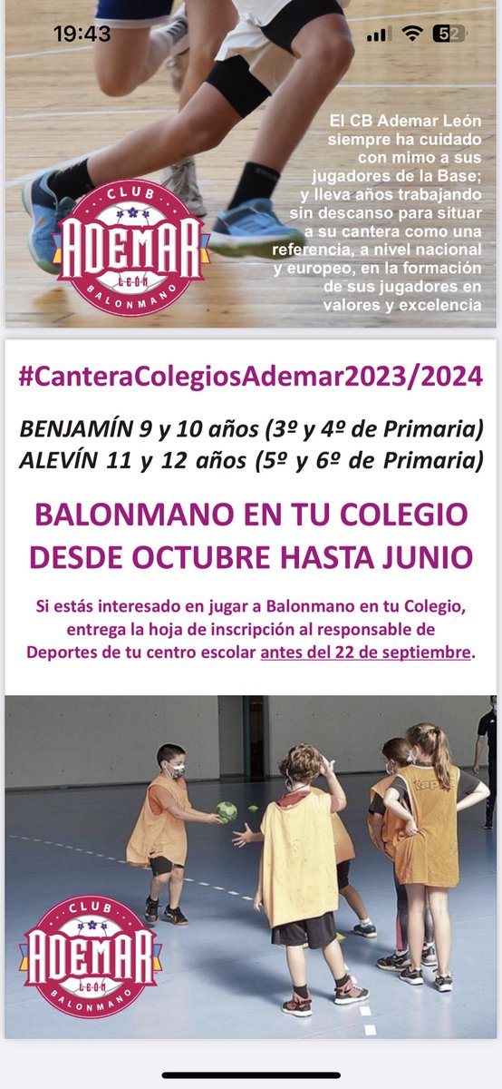 🤾Captación de balonmano base en colegios de #LEÓN

1️⃣Lunes día 11 de septiembre a las 12h en el Colegio La Asuncion.

2️⃣ Martes día 12 de septiembre a las 12h en el Colegio Virgen Blanca.

3️⃣ Miércoles día 13 de septiembre a las 12h en el Colegio San Juan de la Cruz.