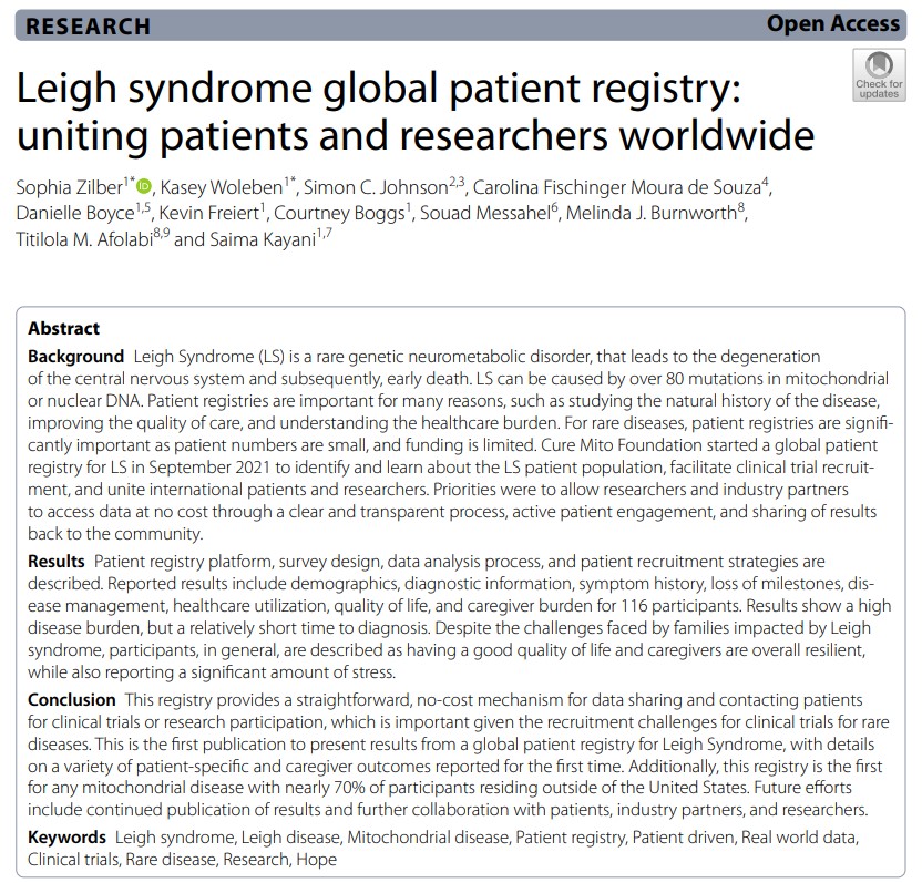 cure_mito's tweet photo. FINALLY! Our paper: "Leigh Syndrome Global Patient Registry: Uniting Patients and Researchers Worldwide" is published!
Thank you to all who participated and contributed to this effort!
https://t.co/usAX0n1CFV
#leighsyndrome #mitochondrialdisese https://t.co/kbC8bcLq2C