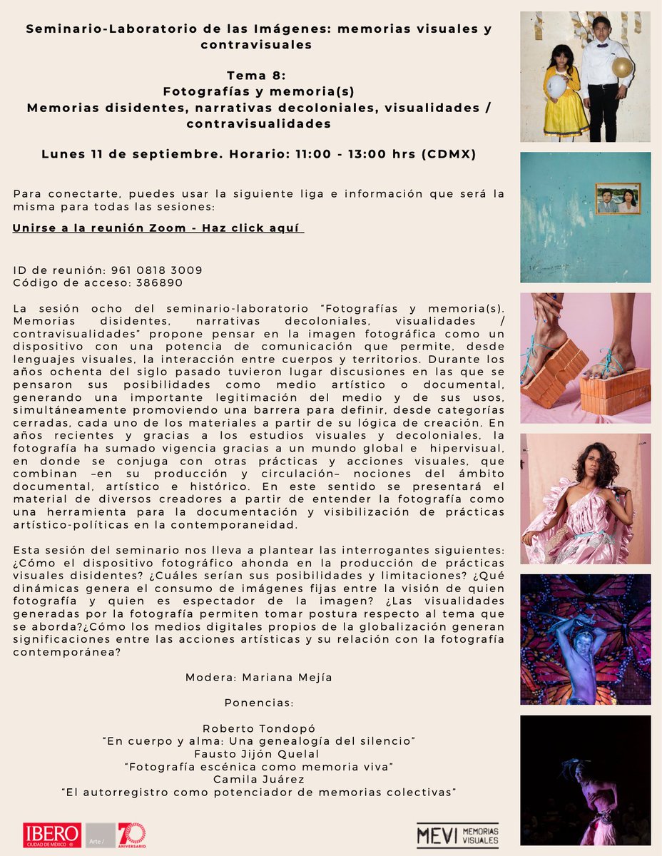 La Dra. Ana Torres nos invita al conversatorio que tendremos el lunes 11 de septiembre ⚠️ que es parte del Seminario: laboratorio de imágenes: memorias visuales y contravisuales organizado por el grupo de investigación Memorias Visuales. 

Los accesos al Zoom los encuentran aquí.