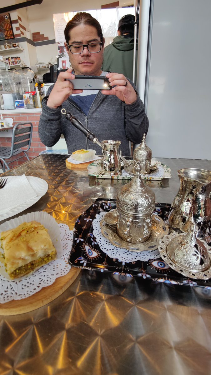 Having Turkish coffee and baklava.

Last time we were here was the day after our wedding...