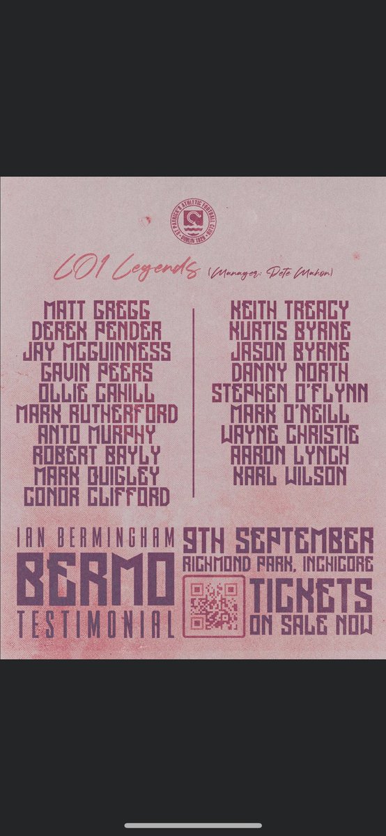 Some Top Players lining out Saturday. Should be a great day/night! Kick off 3pm, Richmond Pk.
Tickets available through the link below.
stpatsfc.com/JJ4SQgRtLR/
Partners/Beneficiaries are Cherry Orchard Running Club, Ballyfermot Utd Youthsand The Saints in the Community Programme.
