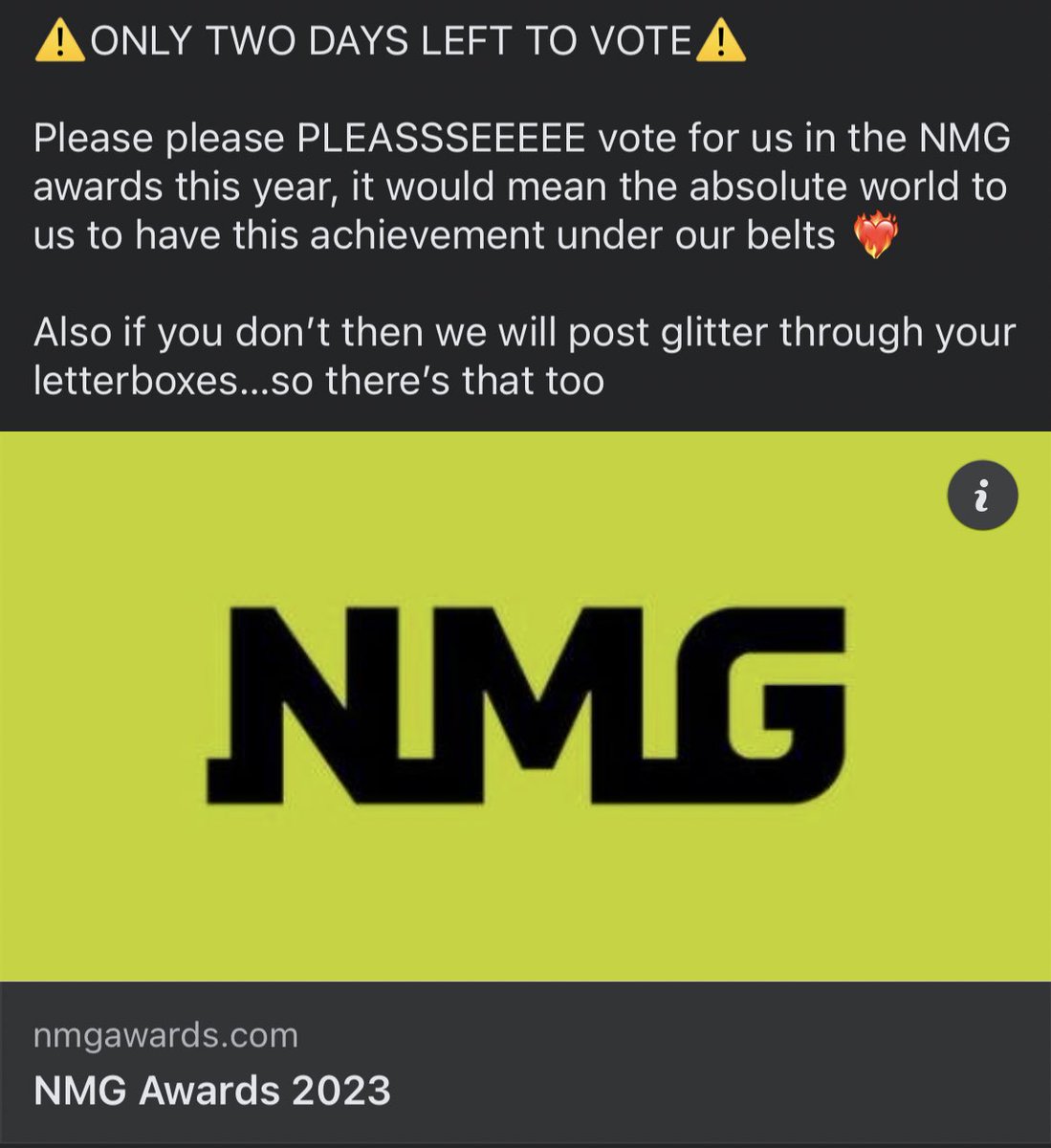 ⚠️SERIOUS INCIDENT ABOUT TO OCCUR⚠️ 

Calling all alternative pals, old and new, do us a huge solid by voting for us for the NMG awards - it takes two seconds and would make at least two of us cry 

Link In Comments 

#altmusicuk #localbandsuk #localalternativebands #unsigned