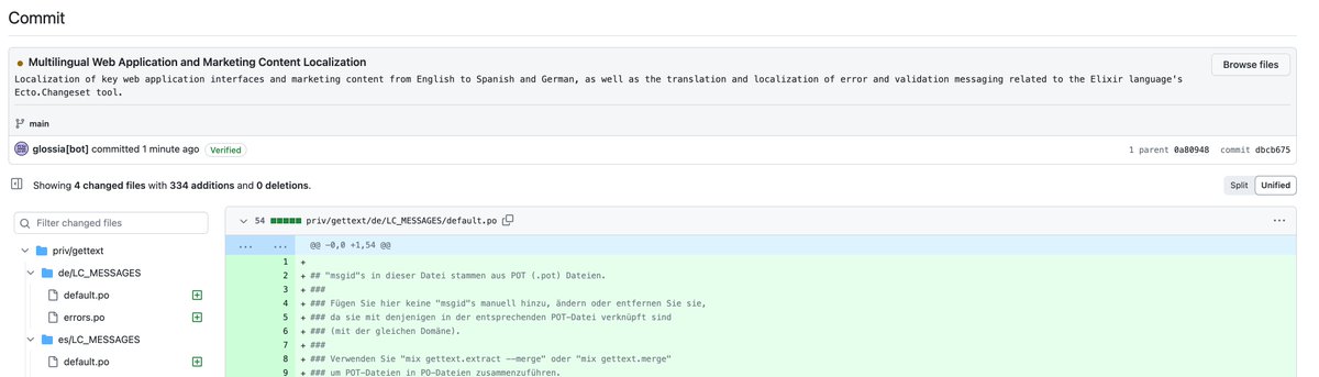 Imagine having a clean Git history that neatly documents all the localization changes made to a repository. Glossia offers a solution for precisely that by utilizing LLMs to generate titles and descriptions.
