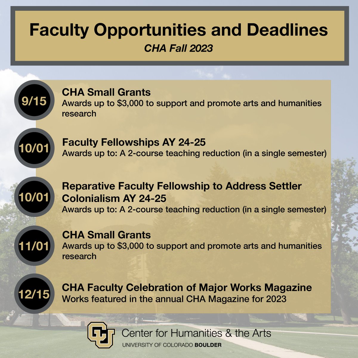 The CHA supports all those on the CU Boulder campus, including faculty! This fall, we have several exciting opportunities for faculty to promote the arts and humanities. Visit colorado.edu/cha/funding/fa… to learn more.