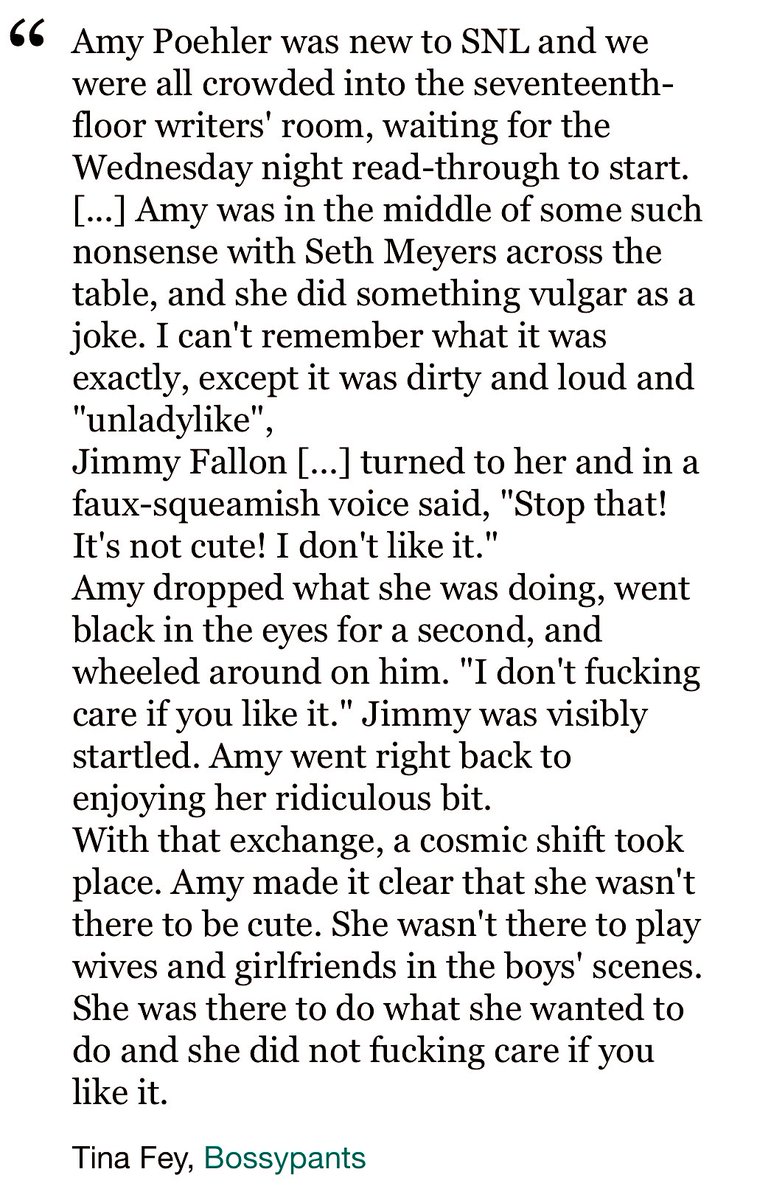 Tina Fey had Jimmy Fallon dead to rights more than a decade ago in her memoir Bossypants. Will never forget this account about his exchange w/Amy Poehler in an SNL writers’ room…