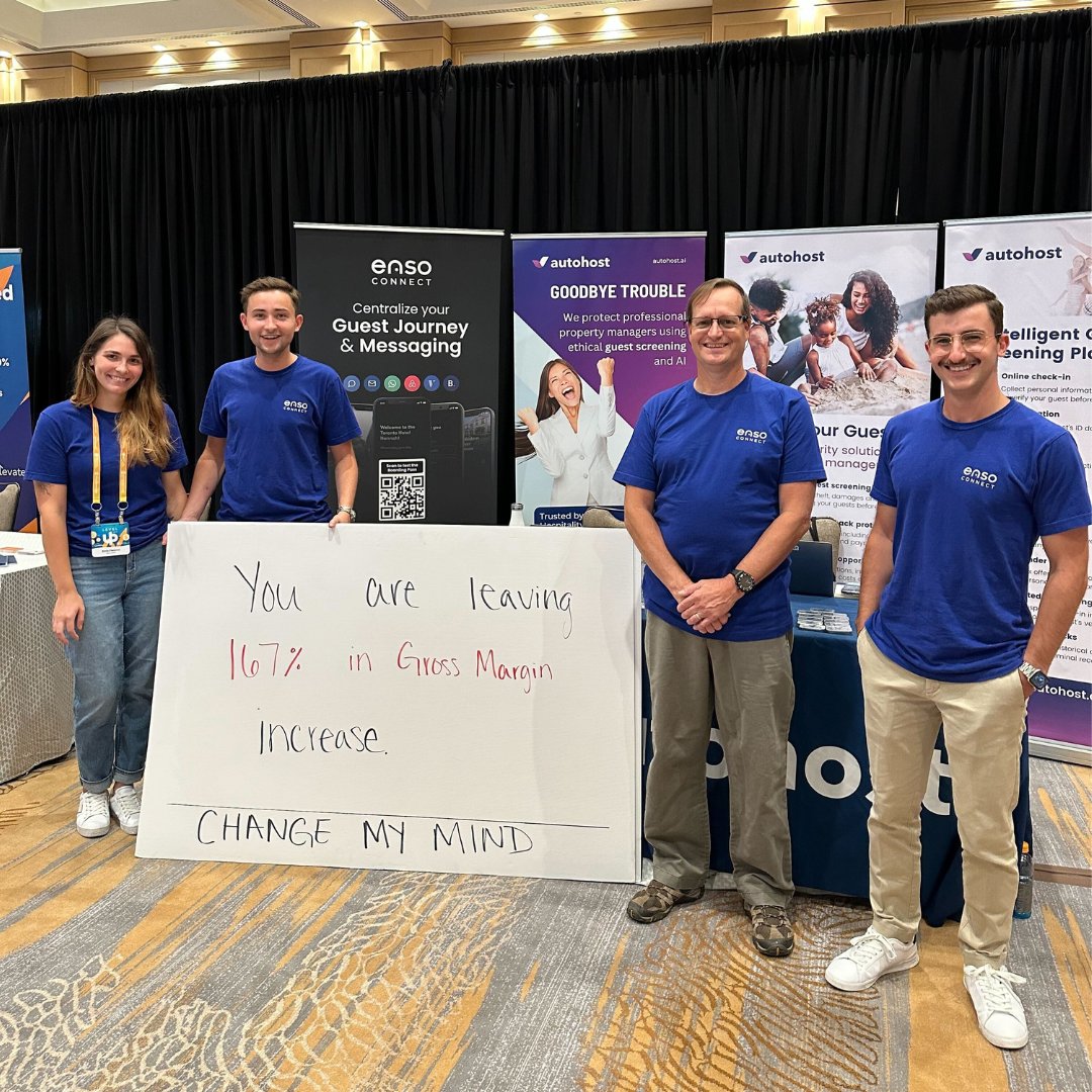 EnsoConnect's tweet image. Meet #EnsoConnect  and @autohost_app teams @ #StreamlineSummit, booth 38. 
Disagree with the statement? We challenge you to stop by our booth and #ChangeMyMind! 

#VacationRentals #ShortTermRentals #StreamlineVRS #PropertyManagement #HospitalityTechnology #HospitalityAI #EnsoAI
