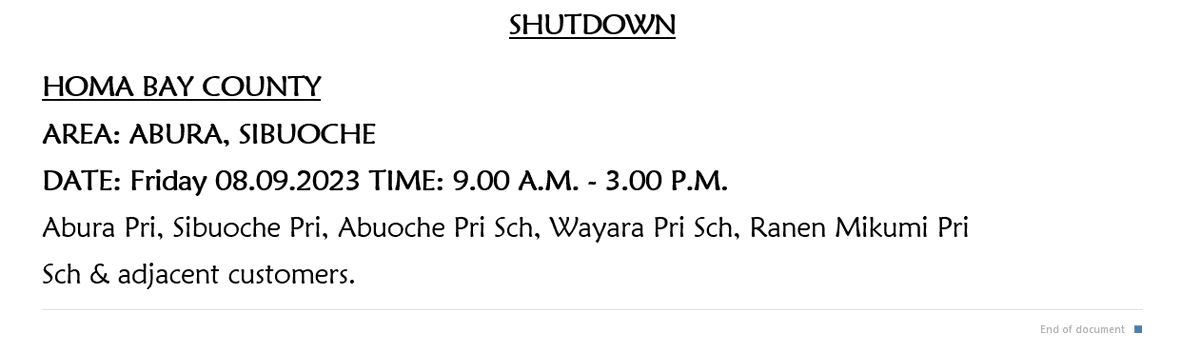 KenyaPower_Care's tweet photo. Hello. The following areas will be under maintenance tomorrow 08.09.2023. ^DO https://t.co/P5blSTEdtG