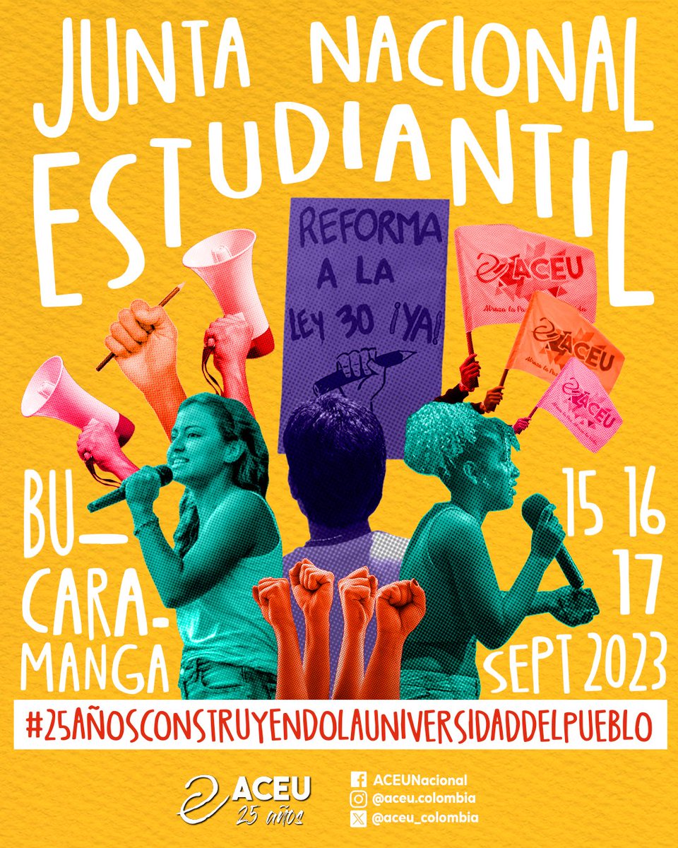ACEU_Colombia's tweet photo. Realizaremos la Junta Nacional Estudiantil del 15 al 17 de sept en la UIS. ¡Vamos a reactivar y ajustar nuestra línea política para cumplir con el papel de actores protagonistas en las transformaciones sociales y educativas. 

Bucaramanga nos espera. A construir la U del pueblo✊ https://t.co/NAXTZnGyNT