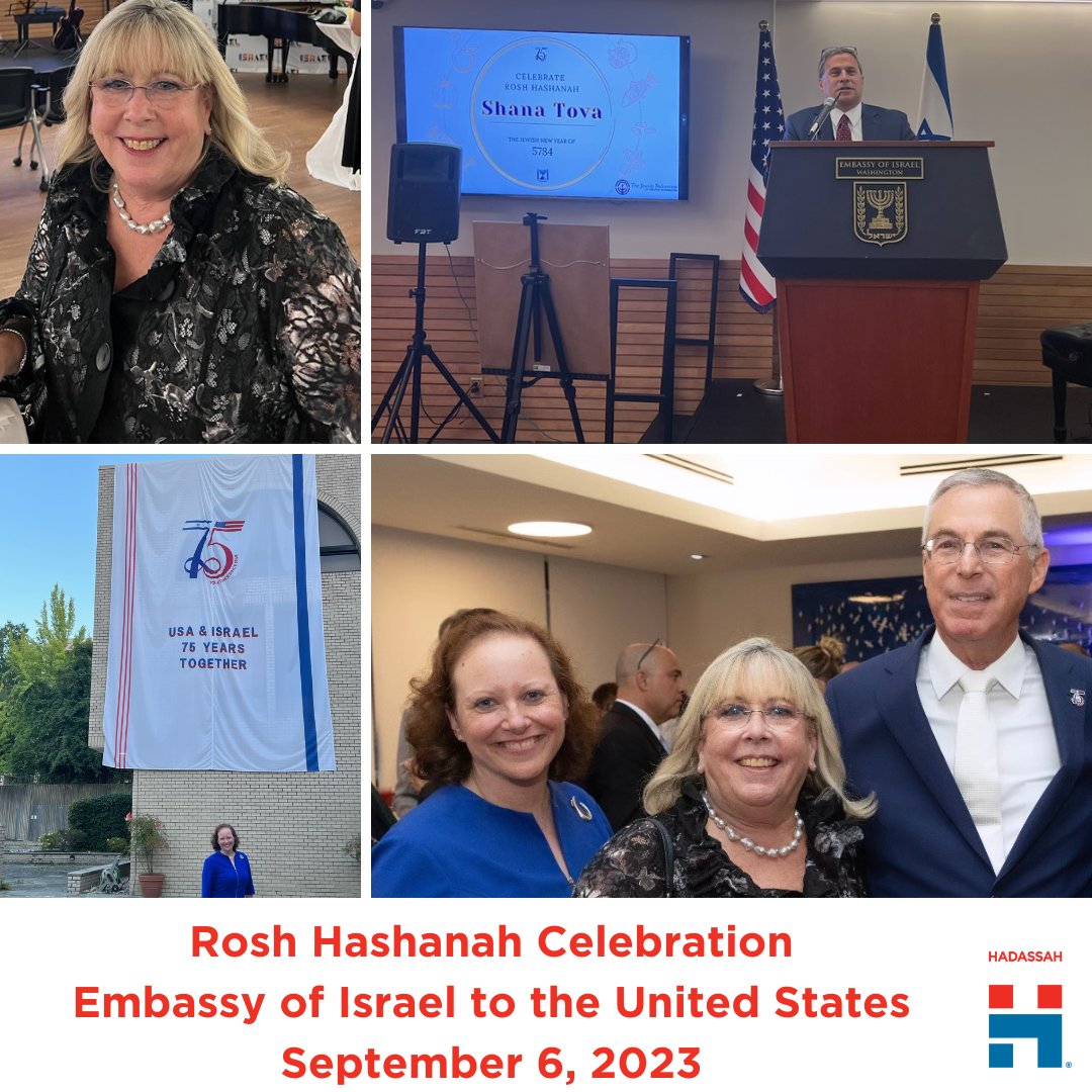 Hadassah's tweet photo. Hadassah CEO Naomi Adler and President Rhoda Smolow joined @AmbHerzog to celebrate #RoshHashanah and honor Israel’s 75th anniversary at @IsraelinUSA! #HadassahAndIsrael #TogetherAt75 https://t.co/g26a5uENt6
