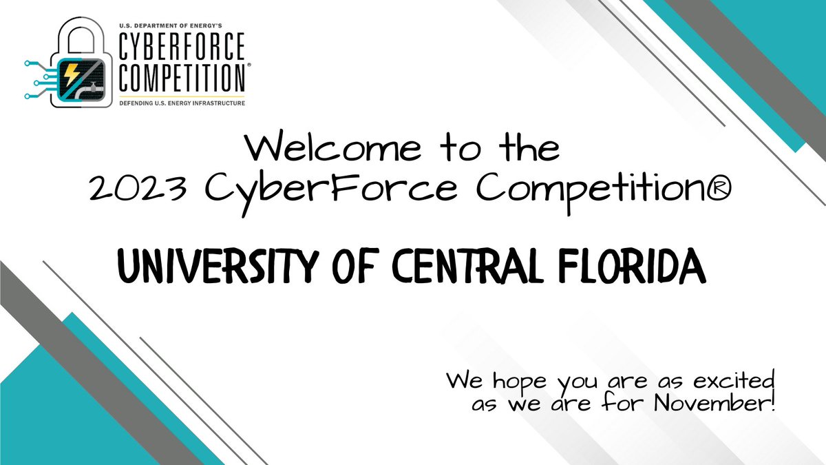DOECyberForce's tweet photo. Welcome to the 2023 CyberForce Competition® @UCF. So happy to see you back! We hope you are as excited for November as we are!! Go @HackUCF!!! #UCF #ChargeOn #cyberforcecompetition https://t.co/5842oJV3vR