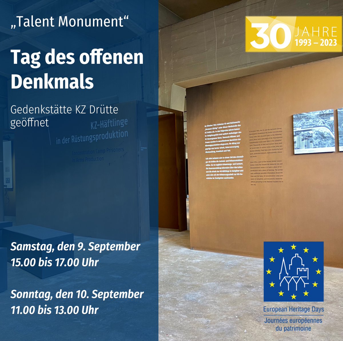 Gedenken_SZ's tweet photo. Entdecke die Geschichte der Gedenkstätte #KZDrütte am Tag des offenen Denkmals. Wir öffnen an zwei Tagen die Türen und gewähren Einblicke in ein dunkles Kapitel.
👉 https://t.co/eCbG8C4Tve
#tdod23 #denkmalschnappschuss #Salzgitter
#tagdesoffenendenkmals2023
#talentmonument https://t.co/42McchEWnP