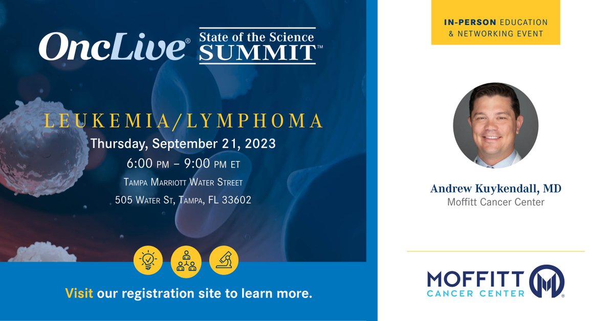 OncLive's tweet image. Registration is open! Join @KuykendallMd of @MoffittNews as he chairs an OncLive SOSS Leukemia/Lymphoma in-person education and networking event on 9/21 at 6:00 PM! #SOSS

Register Today: ow.ly/jEZK50Pr5Cf