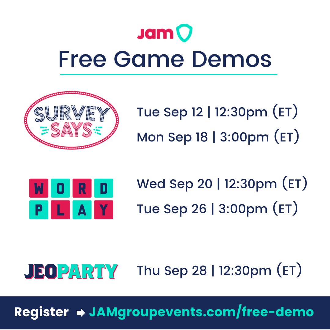 Dive into the details of our top team-building experiences. Join us for a FREE Demo where the JAM team gives you an in-depth demonstration of our most popular events. 

REGISTER HERE: jamgroupevents.com/free-demo/

#TeamBuilding #VirtualEvents #FindYourFun  #ItPaysToPlay
