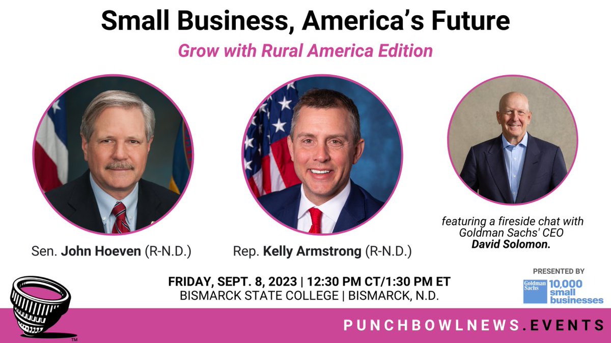 Bismarck State College (@bismarck_state) on Twitter photo It's a privilege to host <a href="/PunchbowlNews/">Punchbowl News</a> founders Anna Palmer & Jake Sherman, <a href="/SenJohnHoeven/">Senator John Hoeven</a>, @RepArmstrongND and <a href="/GoldmanSachs/">Goldman Sachs</a> CEO David Solomon on our campus tomorrow to discuss the challenges facing small business owners in rural America. #10ksb #ndpoly
events.punchbowl.news/smallbiz-nd/x It's a privilege to host <a href="/PunchbowlNews/">Punchbowl News</a> founders Anna Palmer & Jake Sherman, <a href="/SenJohnHoeven/">Senator John Hoeven</a>, @RepArmstrongND and <a href="/GoldmanSachs/">Goldman Sachs</a> CEO David Solomon on our campus tomorrow to discuss the challenges facing small business owners in rural America. #10ksb #ndpoly
events.punchbowl.news/smallbiz-nd/x