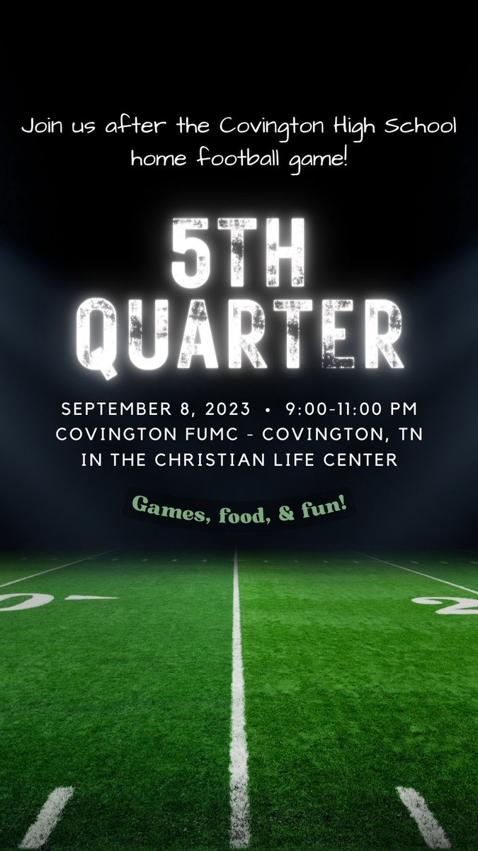 THIS FRIDAY!! All High School and Middle School students welcome!  FREE FOOD!!  Basketball, paint stations, Cornhole, PlayStation challenge!  JOIN US!!