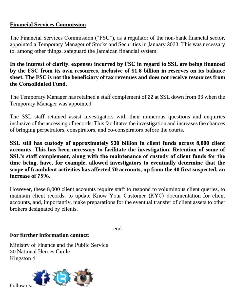 DamionMitch's tweet photo. Jamaica's Finance Ministry says the Financial Investigation Division (FID) is using funds seized from the proceeds of crime to finance the "extraordinary expenses" incurred in the Stocks and Security Limited #SSLfraud. https://t.co/M4QPaKPjOo