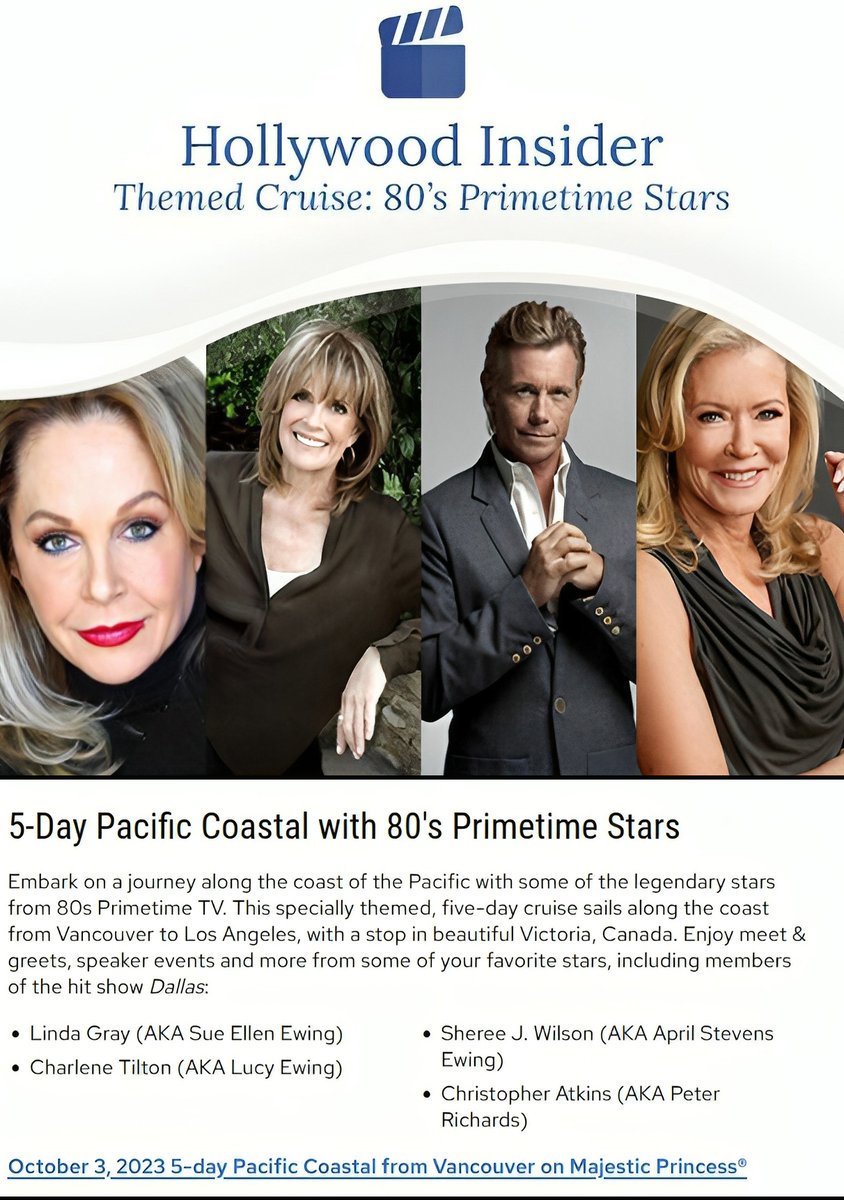 Here is your chance to meet the stars of #Dallas on the Majestic Princess, departing Oct 3 - 7 from Vancouver to Los Angeles. It's an opportunity to meet Linda Gray, Charlene Tilton, Christopher Atkins & Sheree Wilson. Details below. For more info visit princess.com/cruise-search/…