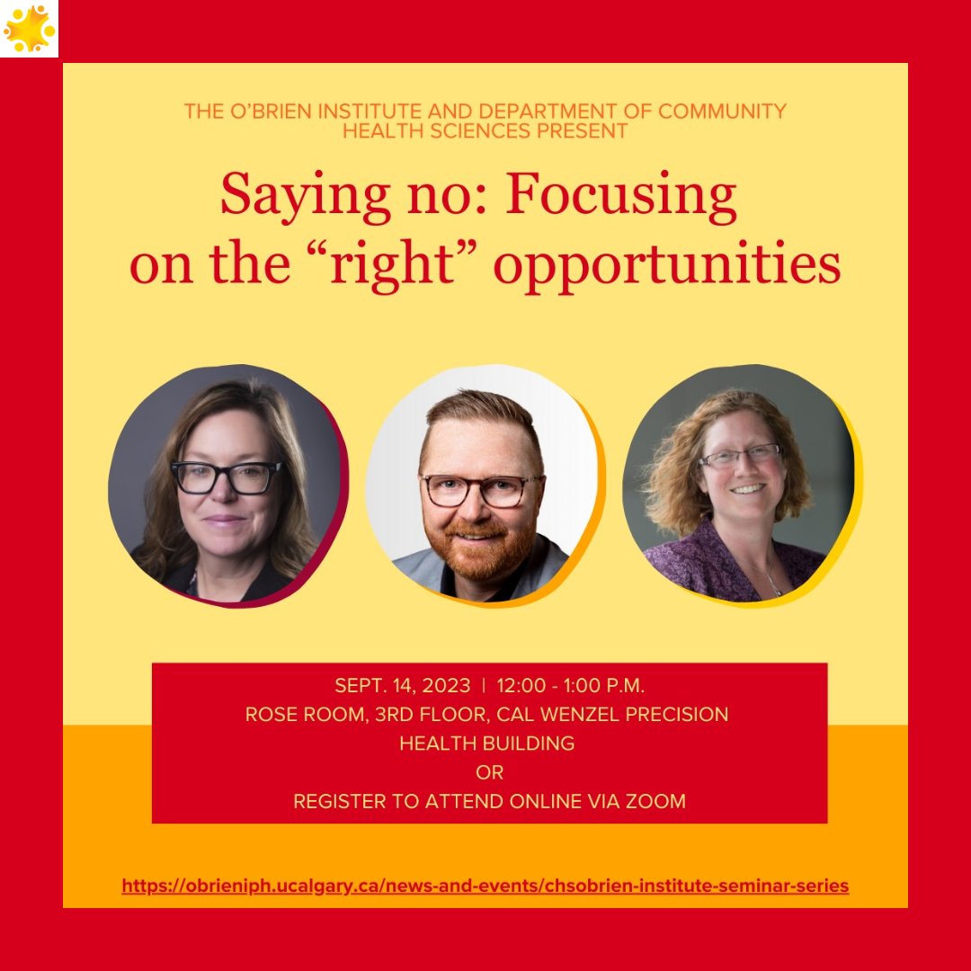 On Sept. 14, join us for a panel discussion on learning how to say no, featuring Drs. Katrina Milaney and Tyler Williamson and moderated by Dr. Fiona Clement.

Click the link 👇 to register to attend in person or online!
events.ucalgary.ca/obrien/event/4…

#researchexcellence #sayingno