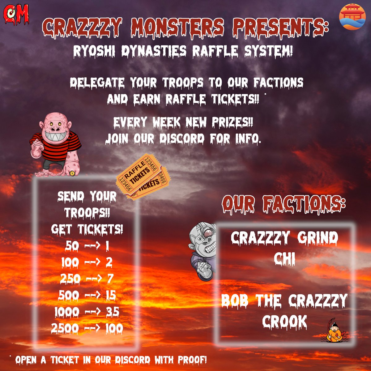 Are you playing the Ryoshi game from <a href="/EbisusBay/">Ebisu's Bay | GameFi - NFT Market - DEX</a> @RyoshiTales ?👹

Do you got Troops? 👀

Delegate them to one of our factions for a chance of winning nice prizes!!🏆

See Image below for instructions! 👇

Prizepool is 700 #cro in total and 5 Crazzzy Monster NFT's! (5 Winners)🎉