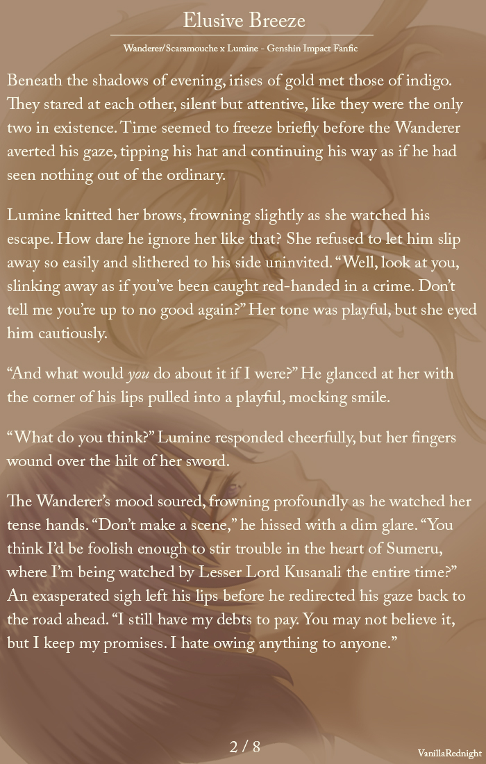VanillaRednight's tweet photo. (1/2) A romantic and steamy sequel to my previous Scaramouche/Wanderer x Lumine fanfic. ❤️ It can still be read as a standalone though!

You can find the full NSFW version at
https://t.co/8ogWNgvm9o

#fanfiction #fanfic #scaralumi #Genshinlmpact https://t.co/gxJVJx8T6y