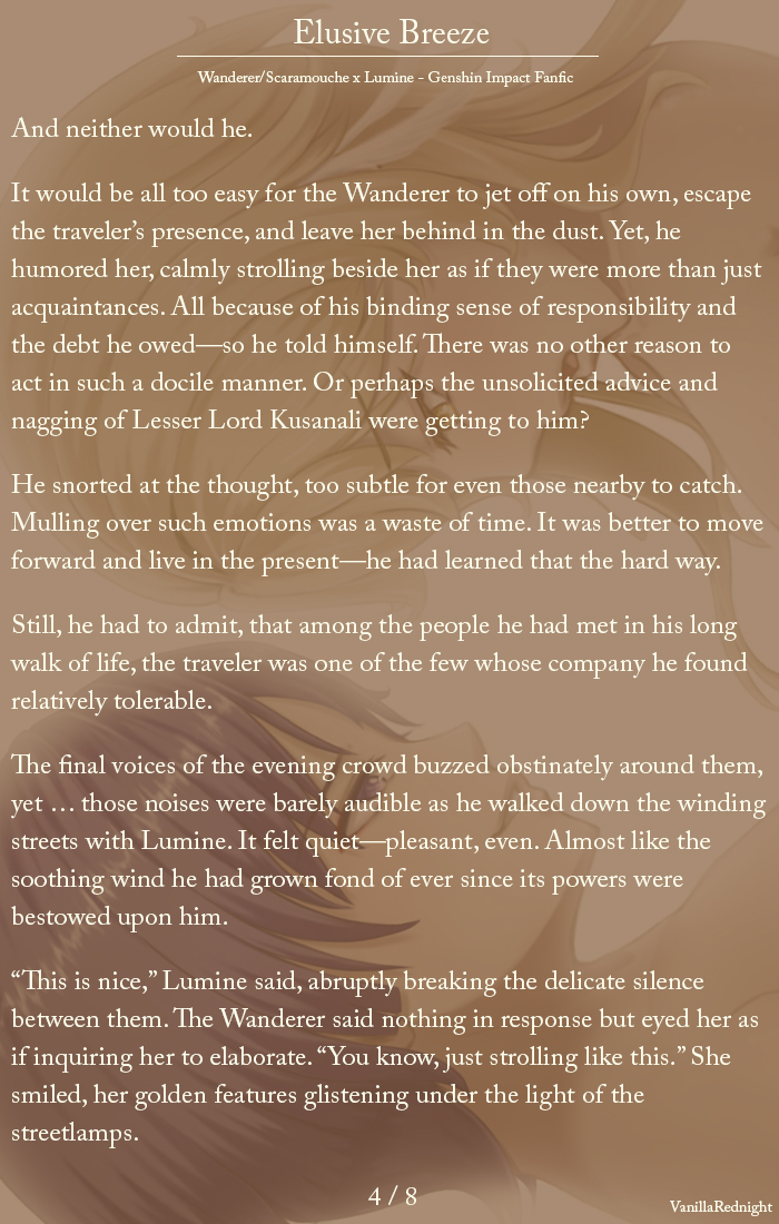VanillaRednight's tweet photo. (1/2) A romantic and steamy sequel to my previous Scaramouche/Wanderer x Lumine fanfic. ❤️ It can still be read as a standalone though!

You can find the full NSFW version at
https://t.co/8ogWNgvm9o

#fanfiction #fanfic #scaralumi #Genshinlmpact https://t.co/gxJVJx8T6y