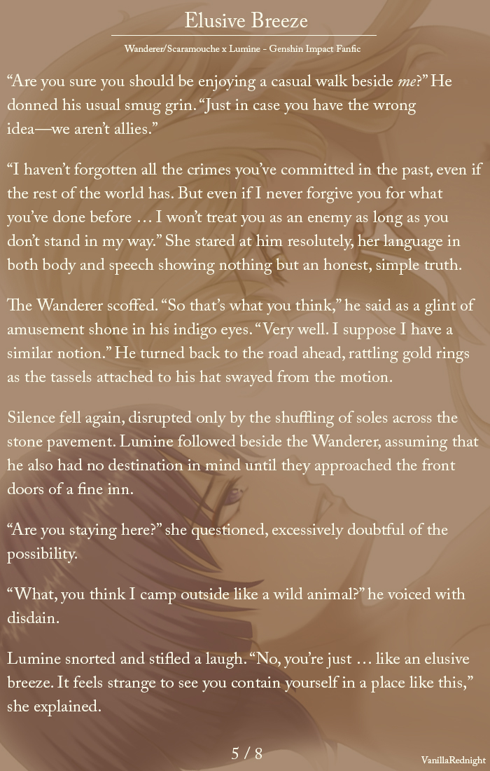 VanillaRednight's tweet photo. (2/2) A romantic and steamy sequel to my previous Scaramouche/Wanderer x Lumine fanfic. ❤️ It can still be read as a standalone though!

You can find the full NSFW version at
https://t.co/8ogWNgvm9o

#fanfiction #fanfic #scaralumi #Genshinlmpact https://t.co/MKJOtAwEZ4