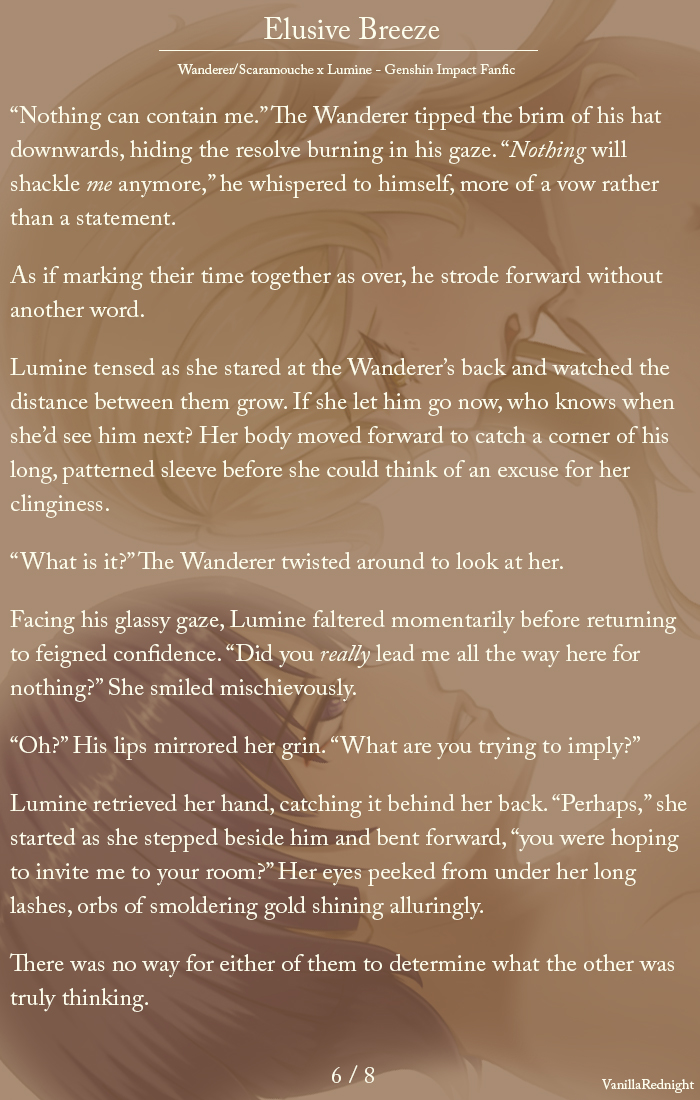 VanillaRednight's tweet photo. (2/2) A romantic and steamy sequel to my previous Scaramouche/Wanderer x Lumine fanfic. ❤️ It can still be read as a standalone though!

You can find the full NSFW version at
https://t.co/8ogWNgvm9o

#fanfiction #fanfic #scaralumi #Genshinlmpact https://t.co/MKJOtAwEZ4