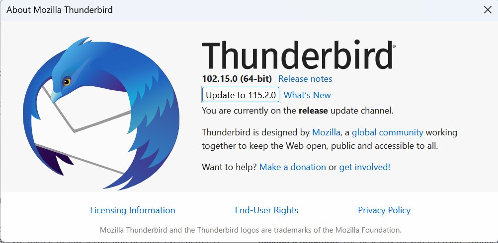 mozthunderbird's tweet image. We've enabled manual updates from Thunderbird 102 to Thunderbird 115!

macOS and Windows users:
Click the App Menu (≡) &amp;gt; Help &amp;gt; About Thunderbird. You should see a prompt to update to version 115. 

(Linux users: Please contact your distro maintainers for their update schedule)