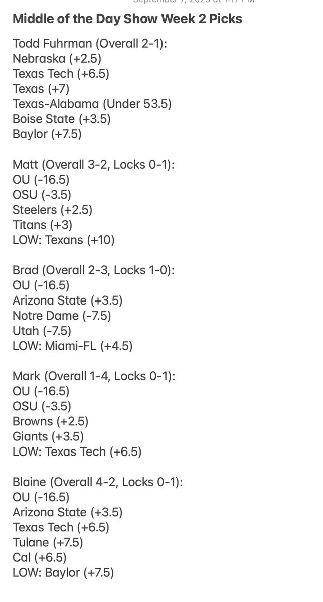 The Middle of the Day Show Week 2 Picks! @sportsanimal @markrsports @RURickorBrad @mattravis