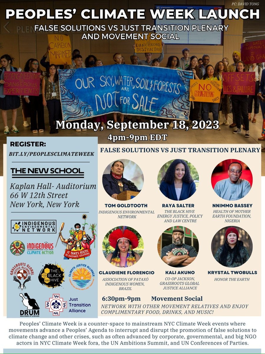 IENearth's tweet image. 🌻Peoples' Climate Week Launch🌻

We are co-hosting a two-day event at The New School in NYC filled with educational panels, breakout sessions, a teach-in assembly on #FalseSolutions and #JustTransition along with a movement social!

Register today! event.newschool.edu/apeoplesclimat…