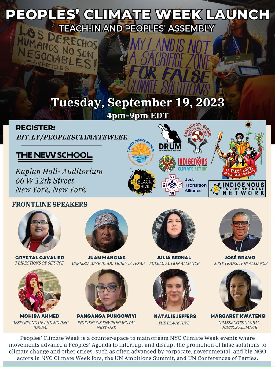 IENearth's tweet image. 🌻Peoples' Climate Week Launch🌻

We are co-hosting a two-day event at The New School in NYC filled with educational panels, breakout sessions, a teach-in assembly on #FalseSolutions and #JustTransition along with a movement social!

Register today! event.newschool.edu/apeoplesclimat…