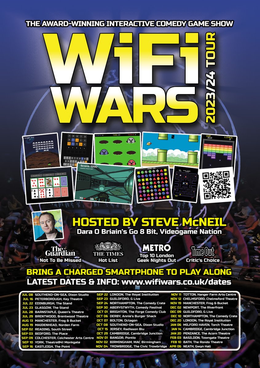 NintendoPlayUK's tweet image. 🎮👾  A look at upcoming UK dates for the live video game comedy show @WiFiWarsUK 

The show utilises technology developed for #GO8bit to allow a whole audience to compete in a range of games, quizzes and challenges using their smartphones.

🎟️ Tickets: wifiwars.co.uk