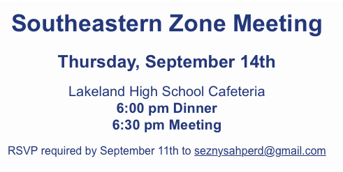 <a href="/SEZnysahperd/">Southeastern Zone</a> Meeting on 9/14/23 - dinner at 6:00 pm / meeting at 6:30 pm. Available to Zoom. Hope to see you there! <a href="/donntobin/">Donn Tobin</a> <a href="/mrobPE/">Margaret Robelee (she/her)</a> <a href="/PErocks25/">Kevin Yarnell</a> <a href="/lisherm/">Lisa Sherman</a> <a href="/CkeenanHockey53/">Christopher Keenan</a> <a href="/Drago_930/">Christine Drago</a> <a href="/Meeshy_Lammers/">Coach Lammers</a> <a href="/BillyQuickHPE/">Billy Quick</a> <a href="/RyanKolmanPE/">Ryan Kolman</a> <a href="/tomphysed/">Tom Micucci</a> <a href="/NYSAHPERD/">NYS AHPERD</a> <a href="/Lauriep717/">Laurie Petersen-Shaw</a> <a href="/cjlala/">Laura Owen</a> #SEZproud