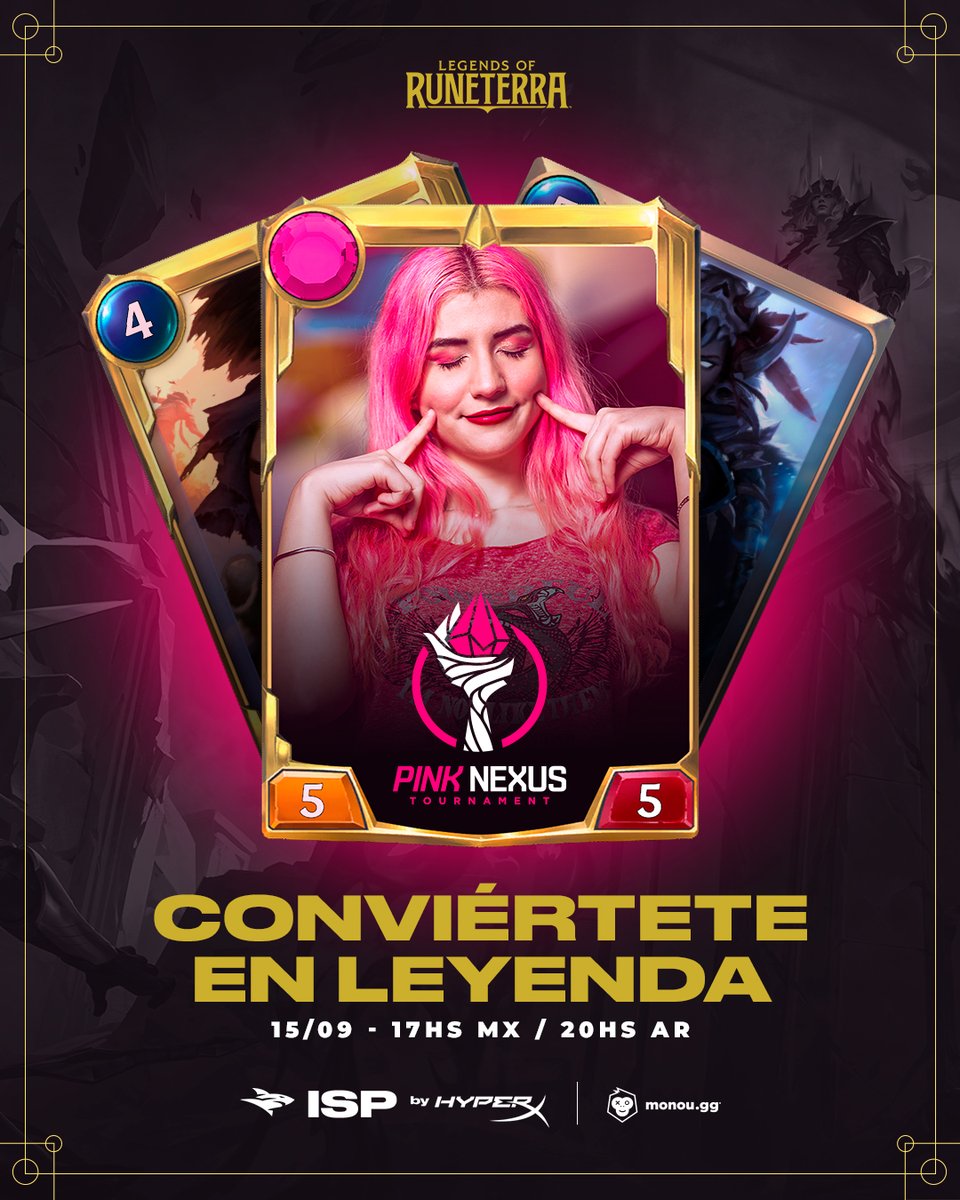 okmegferrari's tweet image. ✨NUEVO TORNEO FEM EN COLABORACIÓN CON @teamisurus 

𝓟𝓲𝓷𝓴 𝓝𝓮𝔁𝓾𝓼 𝓣𝓸𝓾𝓻𝓷𝓪𝓶𝓮𝓷𝓽 
¿Cuándo? Viernes 15/09
¿A qué hora? 17hs🇲🇽20hs🇦🇷
Inscripción y Reglas:
monou.gg/torneo/informa…

𝘼𝙗𝙞𝙚𝙧𝙩𝙤 𝙥𝙖𝙧𝙖 𝙧𝙚𝙜𝙞ó𝙣 𝘼𝙢𝙚𝙧𝙞𝙘𝙖𝙨

¡Las espero! 

#LegendsofRuneterra
