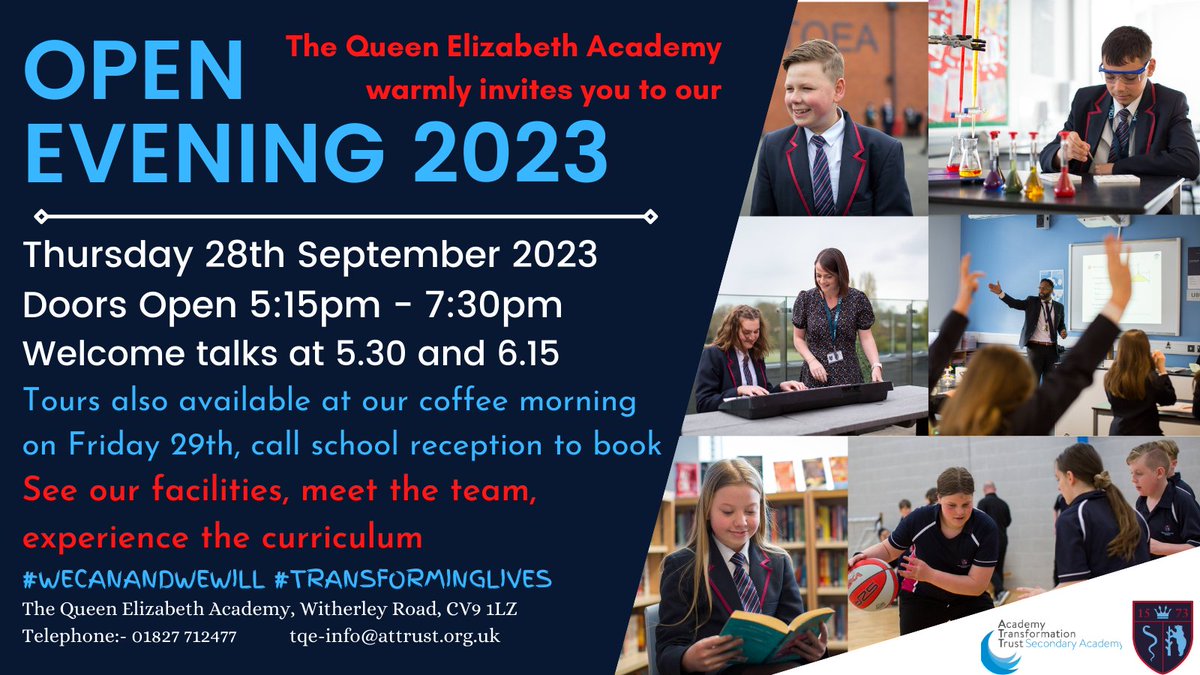 TQEA_Principal's tweet photo. TQEA can't wait to fling our doors open to prospective pupils and their families for #OpenEvening2023 and #OpenMorning2023. Come and join us and take a look!!!! https://t.co/6zSezXZG0W