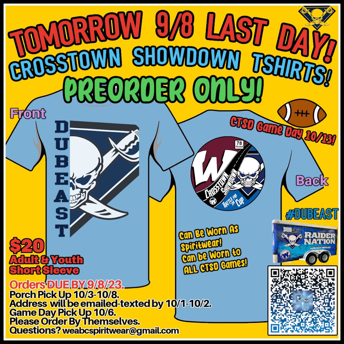 We’re Look’n for that CTSD SEA OF BLUE!
9/8/23
MIDNIGHT TOMORROW NIGHT is the Final Day CTSD-Crosstown Showdown Shirts Can be Ordered!
Pre-Sale ONLY.
Can't wait to #DUBEAST CTSD With You!
If you haven't already, Order Now! 
wylieeastathletics.org/product-page/2… 
💙⚔ #allsports #WEABC