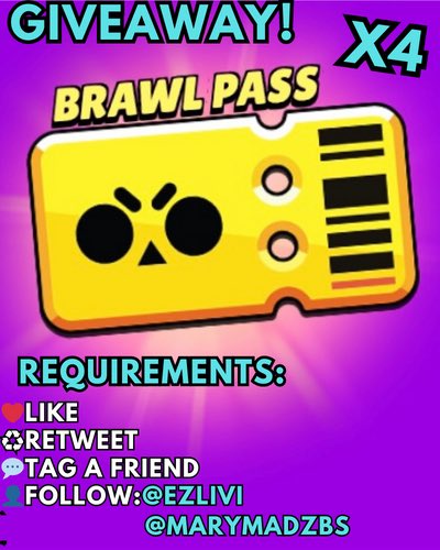 #BrawlPassGiveaway x4 !!!!🤩🤩
Winners receive the Back to Ranger Ranch (Season 20) Brawl Pass!

TO ENTER:
❤️Like
♻️Retweet
💬Tag a free lane🤡
👤Follow <a href="/ezlivi/">Ezlivi</a> &amp; @marymadzbs

Winners announced on september 11th! GOOD LUCK!!!!