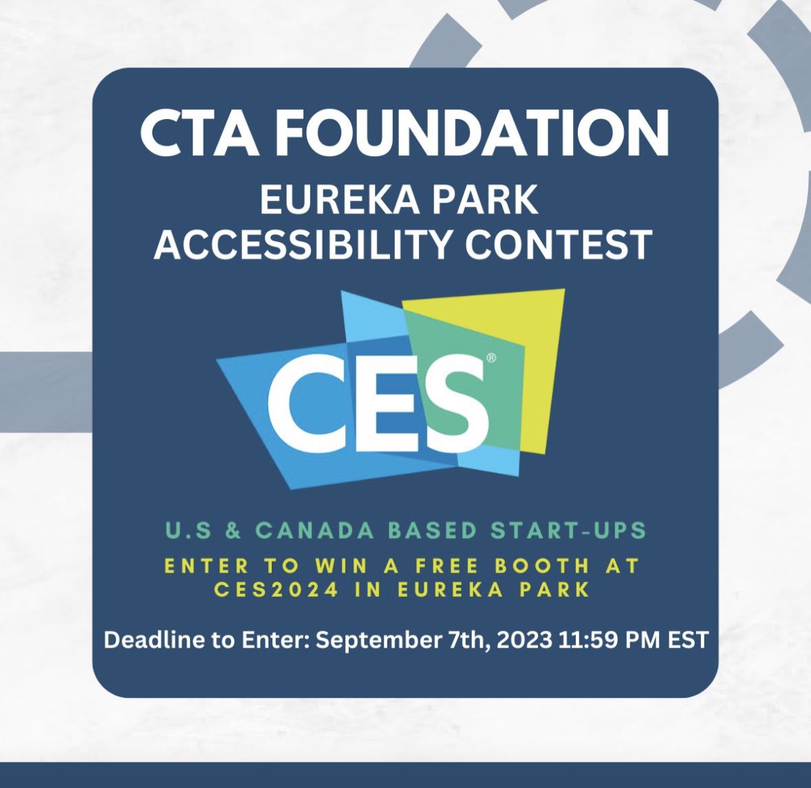 💥📣 Final call out! Last day to enter our #EurekaPark #Accessibility Contest! 

Submit your entries today before 11:59PM EST for a chance to win a free #CES2024 booth and $2,500. 

👉🏼 Review full guidelines and submit your entry here: lnkd.in/dHx24k6