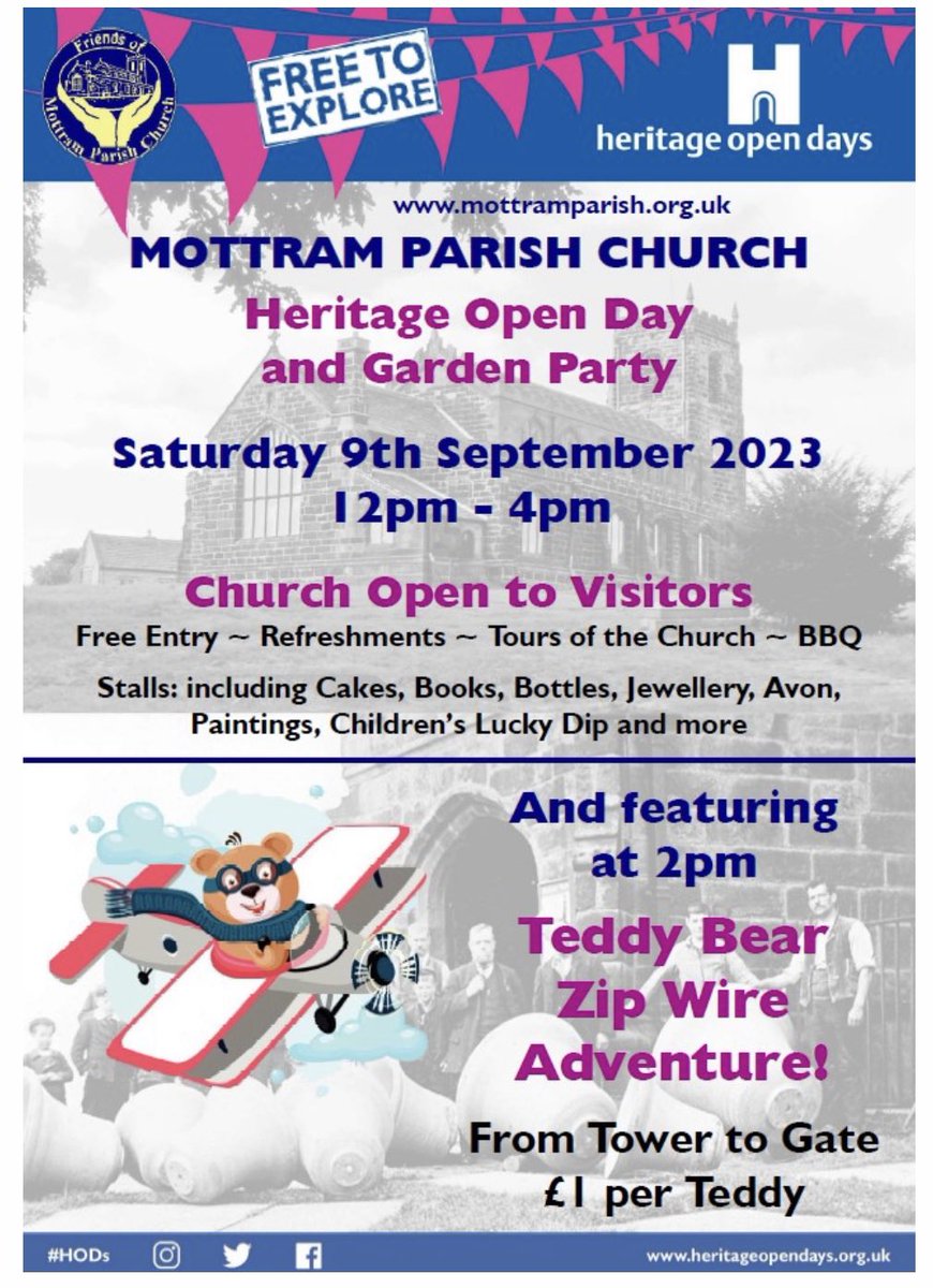 MottramParish's tweet photo. Heritage Open day this Saturday at Mottram Church, lots of stalls and even a chance for Teddy Bear zip wire #tameside #HeritageOpenDays @churchofengland @heritageopenday https://t.co/df5zzXS80y