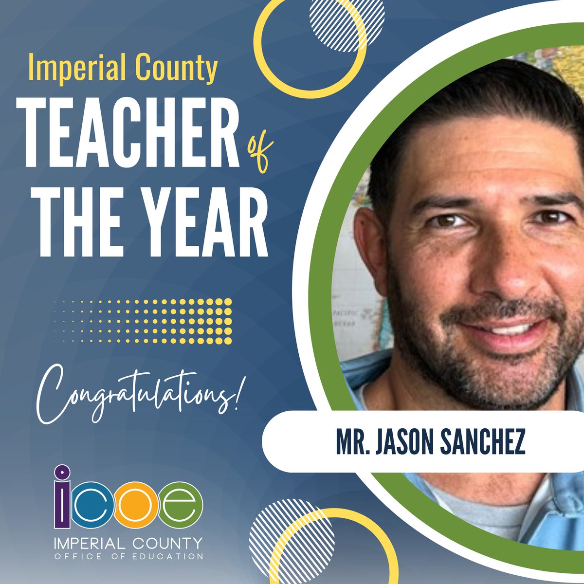 ImperialCOE (@imperialcoe) on Twitter photo Congratulations, Mr. Jason Sanchez, Imperial County Teacher of the Year! 🎉
Mr. Jason Sanchez is a junior high science teacher from the <a href="/ElCentroESD/">El Centro ESD</a>. Having started his teaching career in Winterhaven... (continue reading at icoe.org/toy2024). Congratulations, Mr. Jason Sanchez, Imperial County Teacher of the Year! 🎉
Mr. Jason Sanchez is a junior high science teacher from the <a href="/ElCentroESD/">El Centro ESD</a>. Having started his teaching career in Winterhaven... (continue reading at icoe.org/toy2024).