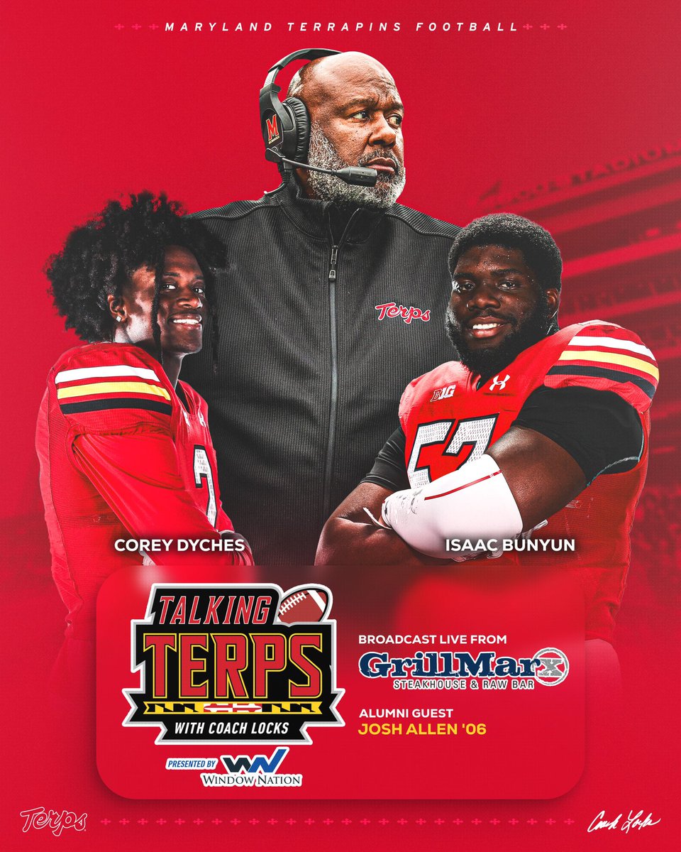 umterps's tweet photo. Week 2 of Talking Terps With @CoachLocks! 

Join him at @grillmarxumd with @Cdychh and @Ibunyun_ tonight at 7 PM! 

Listen in 105.7 The Fan/The Team 980/One Maryland App. https://t.co/G90u0yQVUd