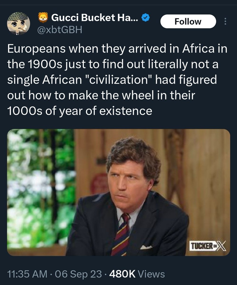 Many African civilizations have figured out how to make a wheel. The most obvious is Egypt, but I'm guessing the op doesn't count Egyptians as African due to skin color. And the op will ofc ignore Saharan chariots and wagons bc they were introduced via cultural diffusion. 1/5