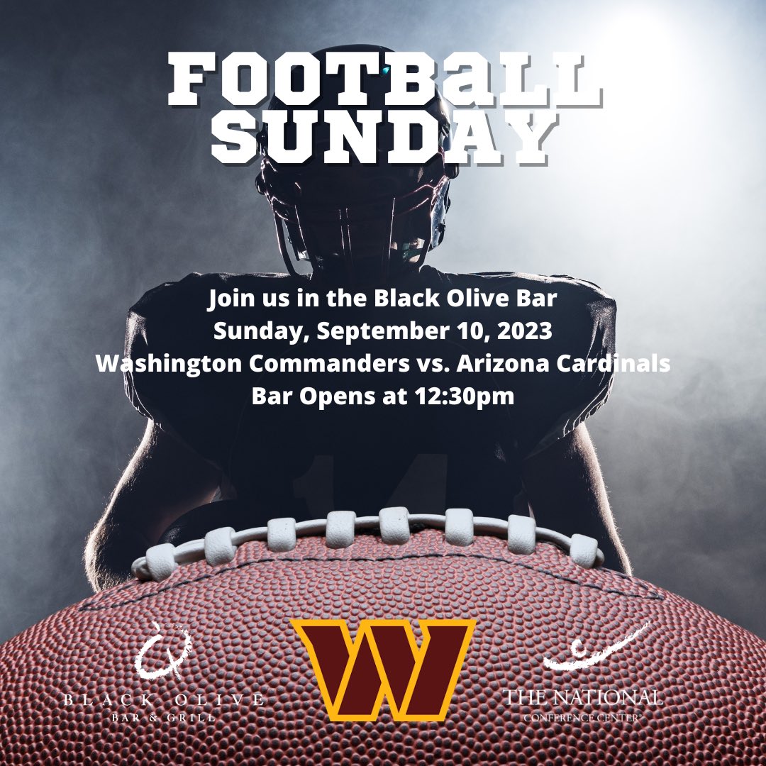 Don’t miss the kickoff!  This Sunday at The National’s Black Olive Bar. 🏈
 
Watch the Washington Commanders take on the Arizona Cardinals with a kickoff at 1pm. 
 
Black Olive opens at 12:30pm
Happy Hour Specials from 1pm-5pm 🍻