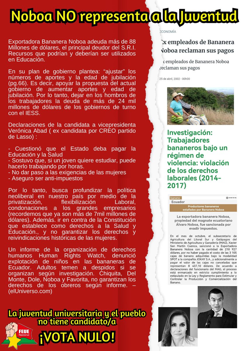 Ni Luisa, Ni Noboa nos representan
VOTA NULO

Noboa busca profundizar la política neoliberal en nuestro país, en beneficio de los grandes empresarios.

La Juventud Universitaria no tiene candidato
#VotaNulo