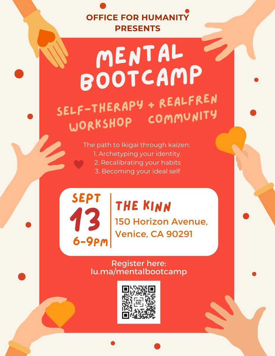 office4humanity's tweet photo. Come join us for mental bootcamp next Wednesday! It is time for a mental workout!! 🧠🤸🏻‍♂️✨

#mentalbootcamp #selftherapy #mentalhealth #realfren #community #identitymodeling #habit #idealself #kaizen #Ikigai #venicebeach #venice #losangeles #california 🌴☀️ https://t.co/iXRZSlr9c9