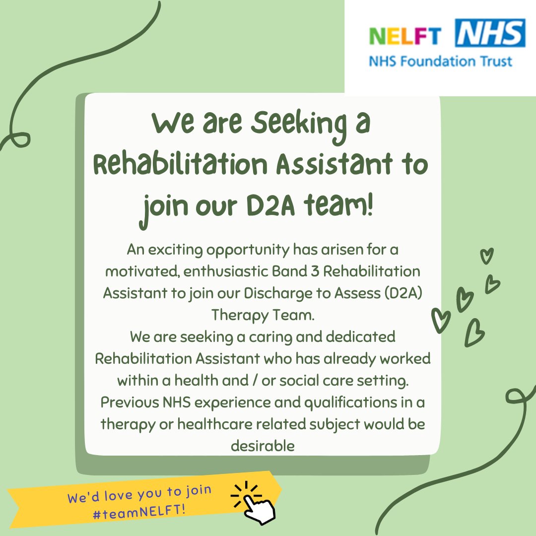 NELFT_AHP's tweet photo. We are looking to appoint people who are as passionate about high quality care as we are! Come and join #teamNELFT as a rehab assistant in our Discharge to Assess Team. Application details: https://t.co/tdNzUhOURB Informal conversations always welcomed! https://t.co/8h3vpNwVRr