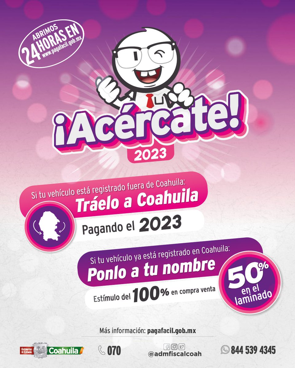 GobDeCoahuila's tweet photo. El Gobierno del Estado, a través de su Administración Fiscal de Coahuila @admfiscalcoah, te invita a que te acerques y te pongas al corriente con los diversos programas de #ControlVehicular. https://t.co/6MEolQxheq