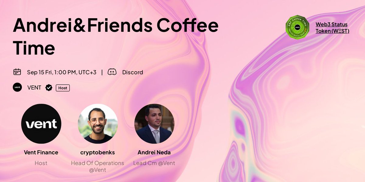 VentFinance's tweet photo. Frens! 👋 

This Friday A&amp;F event, we've got @cryptobenks, Head of Operations &amp; @Andrei_Web3
Lead CM at VENT  LIVE on Discord via @link3to &amp; @Galxe

🗓 Friday 15th September, 10:00 AM UTC  

Join &amp; claim your NFTs 👇
👉🏼https://t.co/8zk8kAOXgE
👉🏼https://t.co/Uu1SMKFZid https://t.co/M1qyQLjOJF