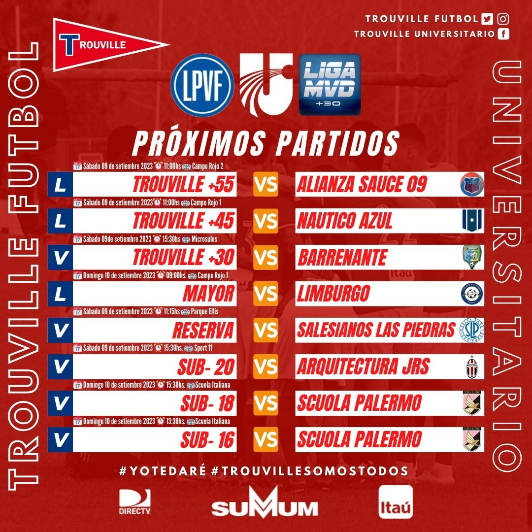 🔺️Fútbol ⚽️‼
Compartimos Actividad fijada para sábado 9 y domingo 10 de setiembre en las categorías de <a href="/LUD_Oficial/">Liga Universitaria de Deportes</a>  <a href="/LPVFinfo/">LPVF</a> y <a href="/Ligamvdmas/">Liga MVD+</a>
.
#VamosLaRoja🔴⚽️
<a href="/ClubTrouvilleUY/">Club Trouville</a>
<a href="/CampoRojoUY/">Campo Rojo - Club Trouville</a>
<a href="/SummumUY/">SUMMUM</a>